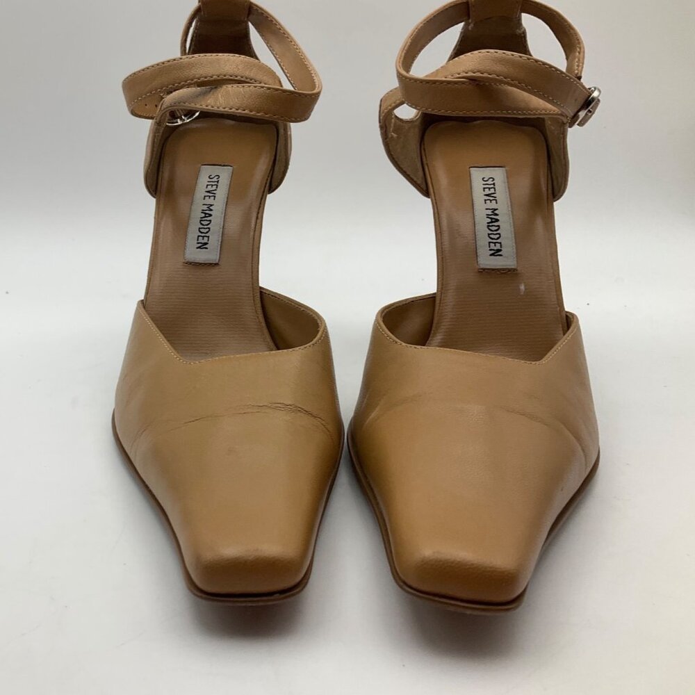 Y2K Steve Madden 7.5 Tan Leather Strappy Heels Shoes Pointed Square Toe - Picture 3 of 11